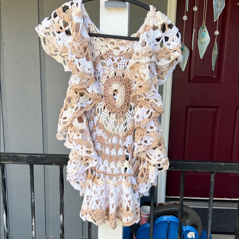 Elegant Crochet Lace Shrug - White and Tan